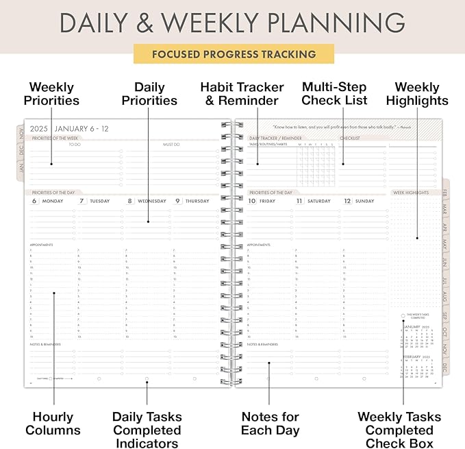 Essential PRO 2025 Daily, Weekly & Monthly Planner, 8.5"x11": 14 Months (Nov 2024 - Dec 2025) Monthly Tabs,Daily Tracking,Notes Pages,Storage Pocket,Bookmark w Sticky Notes (Pastel Peacock)