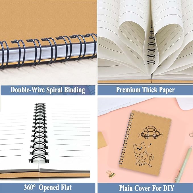GINMLYDA 6Pack Small Spiral Notebook A5, 8.25x5.5” 120 Lined Pages Wide Ruled Spiral Journal Bulk Blank Kraft Cover Spiral Bound Notebook & Writing Pads for Home Office Meeting Work Note Taking