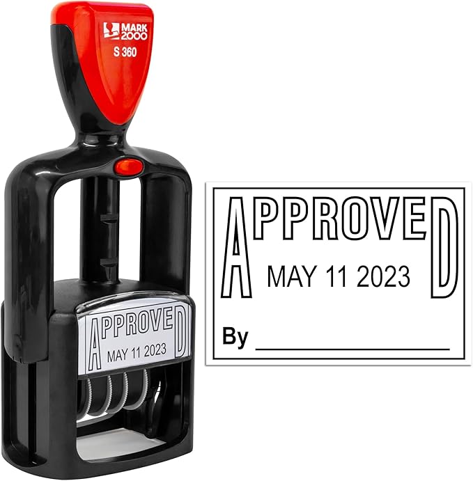 Self-Inking Rubber Date Office Stamp with Approved Phrase - Black Ink - 12-Year Band