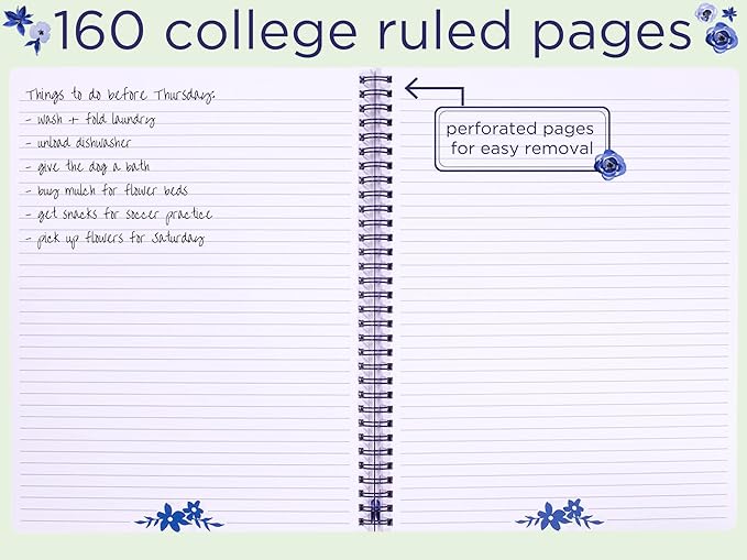 Steel Mill & Co Cute Large Spiral Notebook College Ruled, 11" x 9.5" with Durable Hardcover and 160 Lined Pages, Watercolor Floral (White)