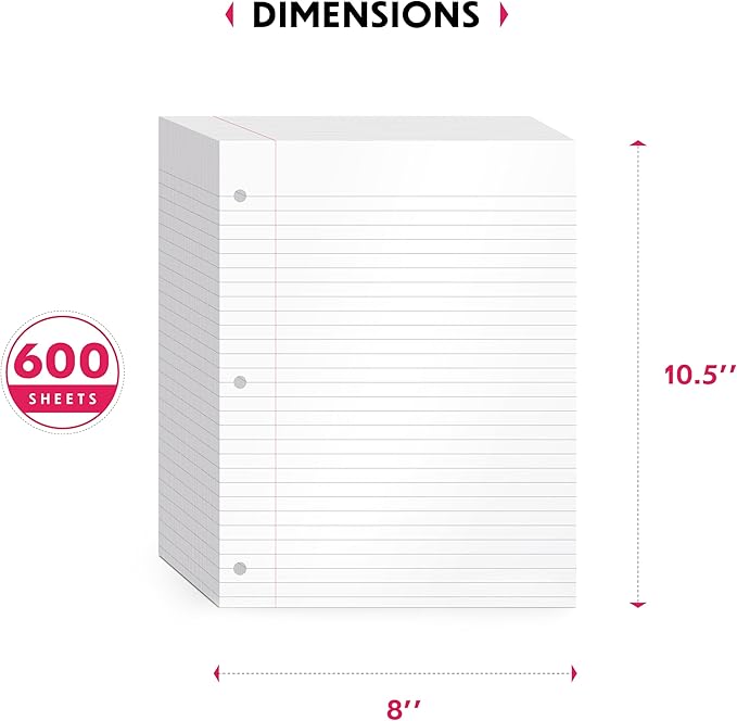 Loose Leaf Paper, College Ruled, 600 Sheets (150/Pack) Filler Paper for Writing Notes - School, College, Office 3 Hole-Punch Lined Sheets for Ring Binders, Pocket Folders - White, 8 x 10.5