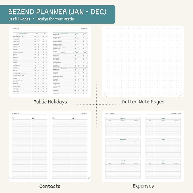 BEZEND Pocket Calendar 2025 for Purse 3.5" x 6", 2025 Pocket Planner Daily Weekly & Monthly with Pen Holder, Small Agenda 2025 with Vegan Leather Hard Cover - Dark Green