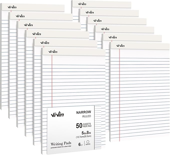 ViVin 5 x 8 Inch Note Pads, 12 Pack, Narrow Ruled, 50 Sheets Per Writing Pad, Perforated, Legal Pads Ideal for Home, Office, Business, 600 Sheets (12 Pack of 50)，White Paper
