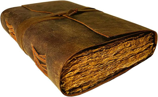 Vintage Leather Journal - 200 pages Deckle Edge Rustic Paper - Unlined Pages Book of Shadows, Grimoire, Junk Notebook, Fantasy Medieval Gifts, Sketchbook, Antique Scrapbook (Dark Brown, 9"x6")
