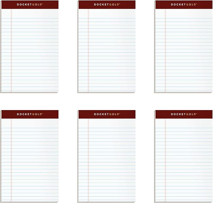 TOPS Docket Gold Writing Pads, 5" x 8", Jr. Legal Rule, 50 Sheets, 6 pack (99705), White
