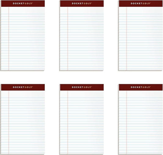 TOPS Docket Gold Writing Pads, 5" x 8", Jr. Legal Rule, 50 Sheets, 6 pack (99705), White