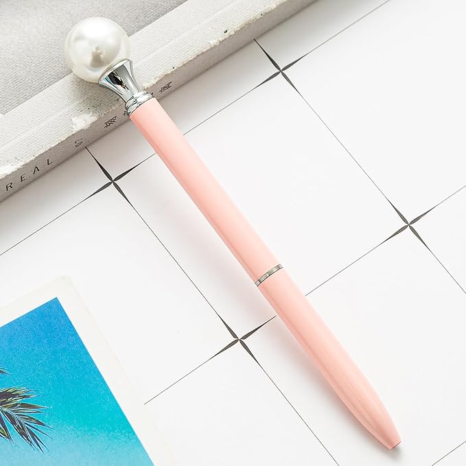 6 Pieces False Pearl Decoration Twist Metal Ballpoint Pen Ball Pen 1.0 MM Black Ink