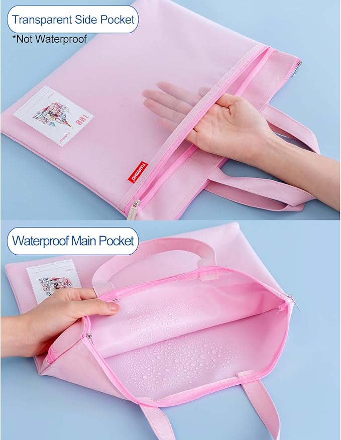 pendancy Mesh Zipper Pouch 11x13.7 in, Large Double Pocket Waterproof File Bag with Handle, A4 Size Foldable Document Storage for Puzzle Project/Cross Stitch/Travel/Office（Pink）