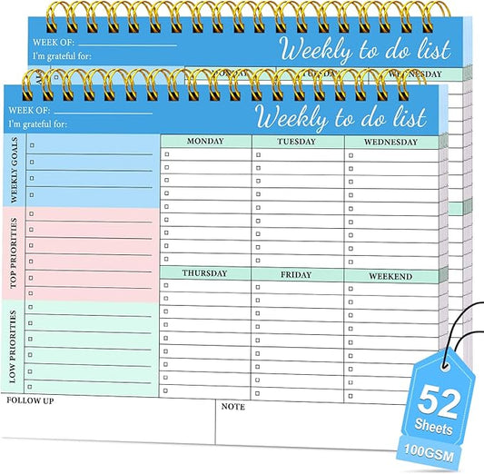 2 Packs Weekly To Do List Notepad - Weekly Planner Notepad, Undated Weekly Desk Planner with To Do List Notebook for Work, 52 Pages Spiral Bound Notepad with Checklist, 8.5"×11"