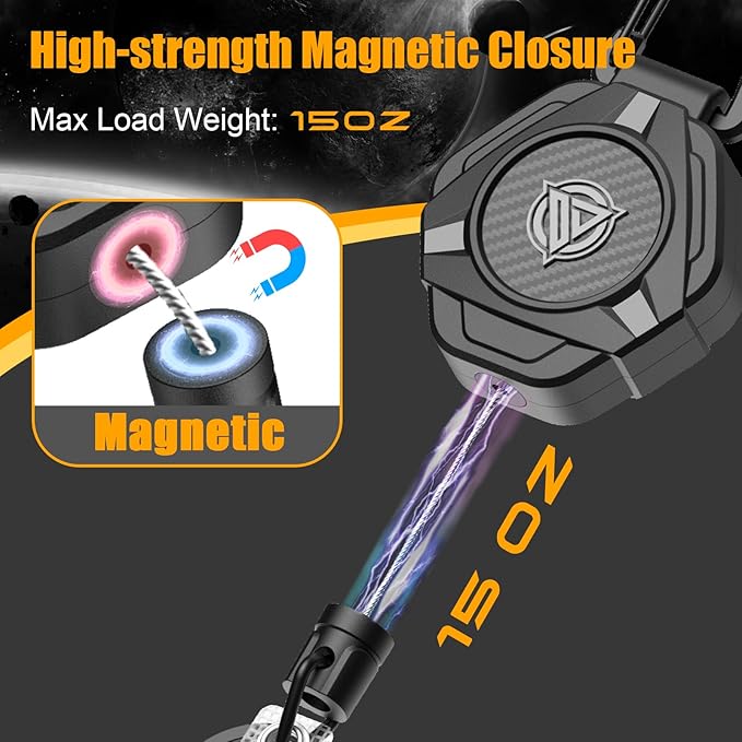 Oaridey Magnetic Retractable Keychain, Heavy Duty Carabiner Badge Holder with Phone Tether Tabs, Tactical ID Badge Reel with 31.8'' Coated Steel Cord and Lobster Clasp, Bearing 10.0 oz - 1 Pack