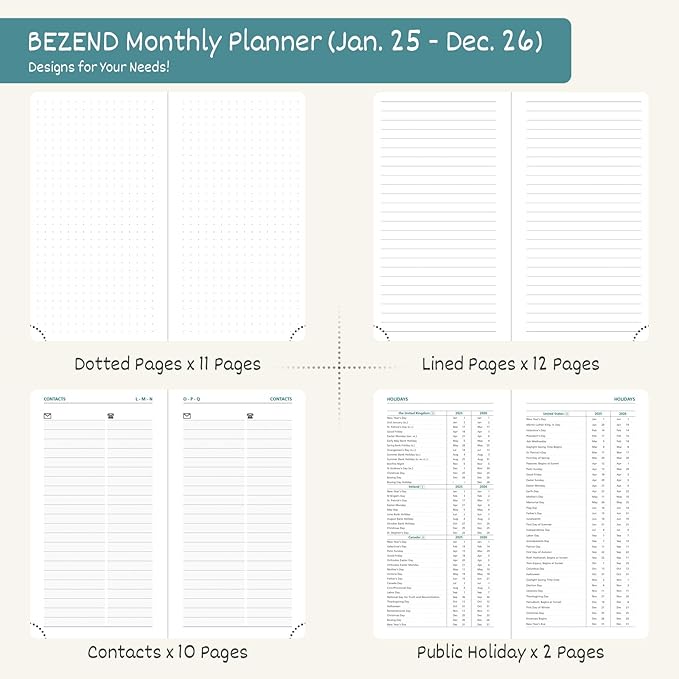 BEZEND 2 Year Pocket Calendar 2025-2026 - Small Monthly Planner for Purse 6.5" x 3.5", Runs Jan 2025 to Dec 2026, 100 GSM Paper, Pen Loop & Notes, PU Leather Hardcover in Sky Blue