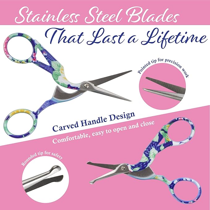 Stork Bird Rounded Safety Tip Embroidery Craft Stainless Steel Crane Scissors - White - 2 Pairs