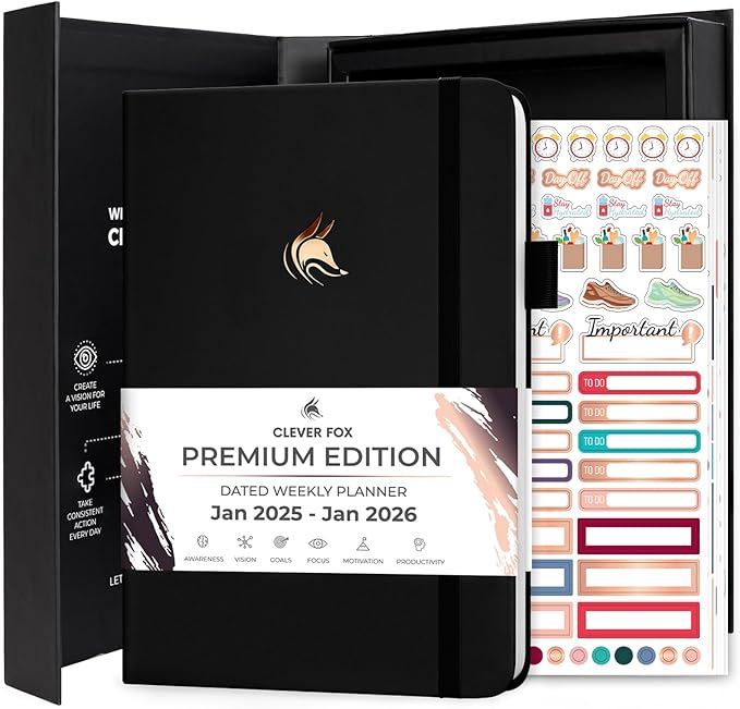 Clever Fox Dated Planner Premium Edition – 2025-2026 Weekly Planner for Planning, Goal Setting & Time Management – Planner Notebook with Habit Tracker & to-do List – A5 Size (Black)