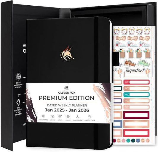 Clever Fox Dated Planner Premium Edition – 2025-2026 Weekly Planner for Planning, Goal Setting & Time Management – Planner Notebook with Habit Tracker & to-do List – A5 Size (Black)