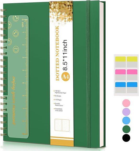Dotted Notebook, Spiral Notebook Journal 8.5” x 11”, A4 Large Dot Grid Notebooks for Women Men, 100 GSM Dotted Paper, Plastic Hardcover Spiral Bullet Dotted Journals for Work School Sketching, Green