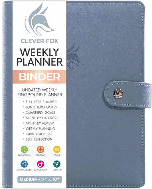 Clever Fox Weekly Planner Binder – Goal Setting Planner for Time Management & Weekly Tasks – Work & Life Organizer with to Do List & Habit Tracker – Undated, 7″ x 9″ Hardcover (Windy Blue)