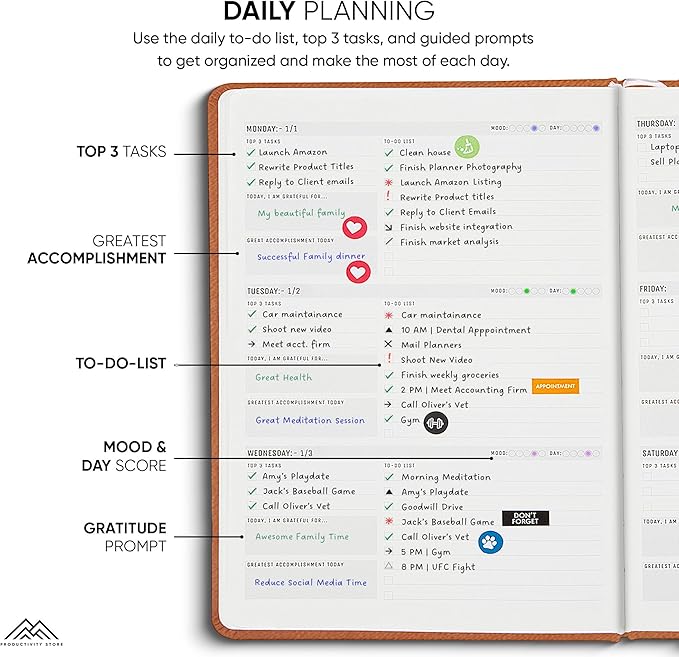PRODUCTIVITY STORE Pro - Dated, 2025 Planner, 5.8” x 8.3” - The #1 Productivity Planner to Achieve Your 2025 Goals - Planner 2025-2026 - Brown - A5