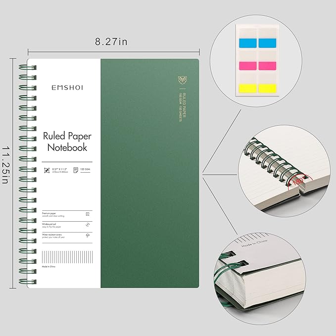 EMSHOI A4 Spiral Notebook College Ruled Lined Journal, 11.2" X 8.27", 300 Pages/150 Sheets, Easy Tear Perforated Pages, 100gsm Thick Paper, Waterproof Softcover, for School Work Writing-Green
