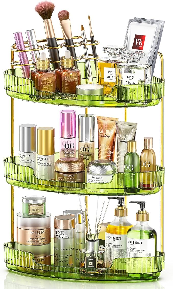 3-Tier Corner Bathroom Counter Organizer Makeup Cosmetic Storage, Tool-Free Installation Acrylic Vanity Shelf, Skin Care Organizer Perfume Tray for Countertop Bathroom, Dresser, Kitchen (Green)