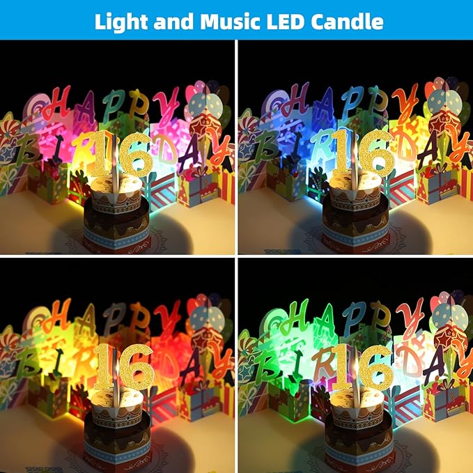 Gumry Sweet 16 Musical 3D Birthday Card, Blowable Musical Birthday PopUp Card with Colorful Light Candle Song, Happy 16th Birthday Gifts Decorations for 16 Years Old Girls Boys Son Daughter