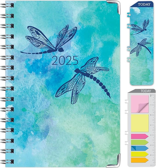 HARDCOVER 2025 Planner, 5.5"x8": 14 Months (November 2024 - December 2025), Daily Weekly Monthly Planner, Yearly Agenda, Bookmark, Pocket Folder and Sticky Note Set (Dragonflies)