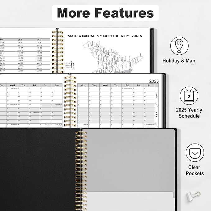 SUNEE 2025 Weekly and Monthly Planner - from January 2025 - December 2025, 6.4" x 8.3" Daily Agenda Planner with Monthly Tab, Flexible Cover, Note Pages, Pockets, Bookmark, Spiral Binding, Black