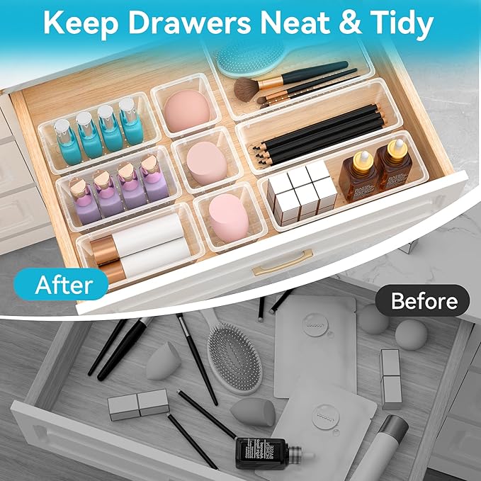 60 PCS Drawer Organizer Set, 4 Sizes Clear Plastic Makeup Vanity Organizer, Multi-Purpose Storage Bins for Makeup, Stationery, Gadgets, Kitchen, Bathroom, Office, Bedroom