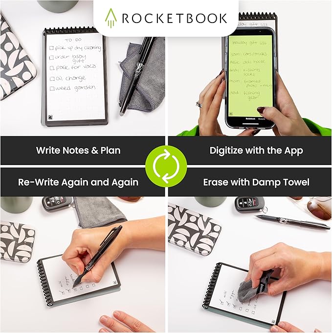Rocketbook Mini Reusable Smart Notepad, Pocket Size Notebook 3.5x5.5, Gray - Dotted Pages, App-Connected, Erasable, Ideal for On-The-Go List Taking & Quick Notes Anywhere