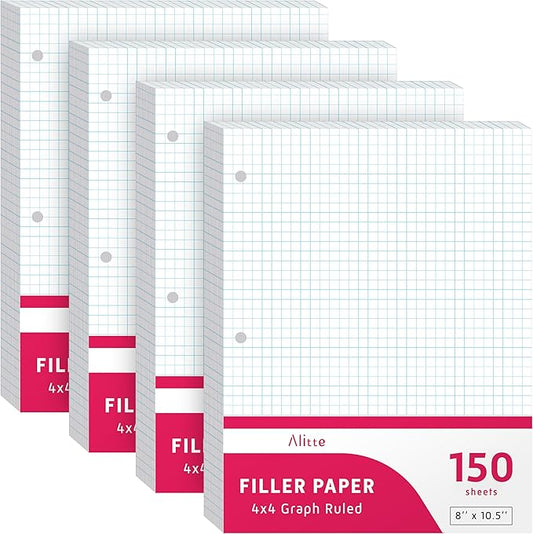 Loose Leaf Graph Paper, 4x4 Grid, 600 Sheets (150/Pack) Graphing Paper for School, College, Office - 3 Hole-Punch Sheets for Ring Binders, Notebooks, Pocket Folders - White, 8 x 10.5 inches