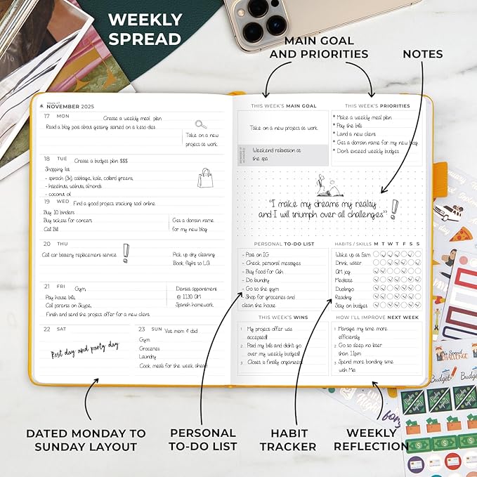 Clever Fox Dated Planner Premium Edition – 2025-2026 Weekly Planner for Planning, Goal Setting & Time Management – Planner Notebook with Habit Tracker & to-do List – A5 Size (Amber Yellow)