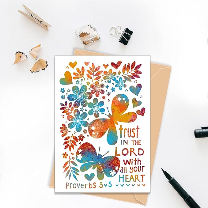 Christian greeting cards with Scripture, 9 in this pack of thinking of you cards religious, blank inside, hand drawn by British artist Jacqui Grace (Multicolored / CH438)