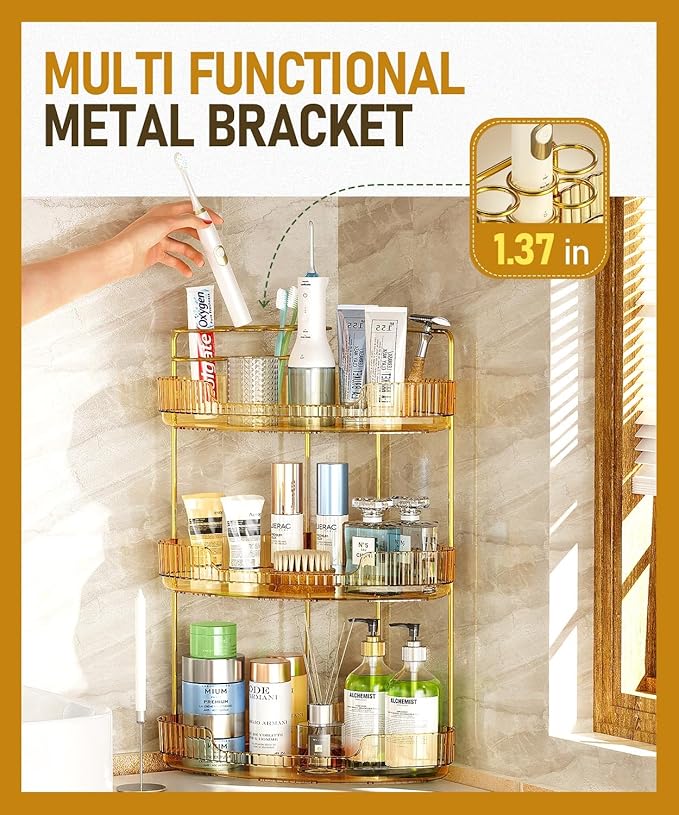3-Tier Corner Bathroom Counter Organizer Makeup Cosmetic Storage, Tool-Free Installation Acrylic Vanity Shelf, Countertop Storage Organizers Perfume Tray for Bathroom, Dresser, Kitchen (Gold)