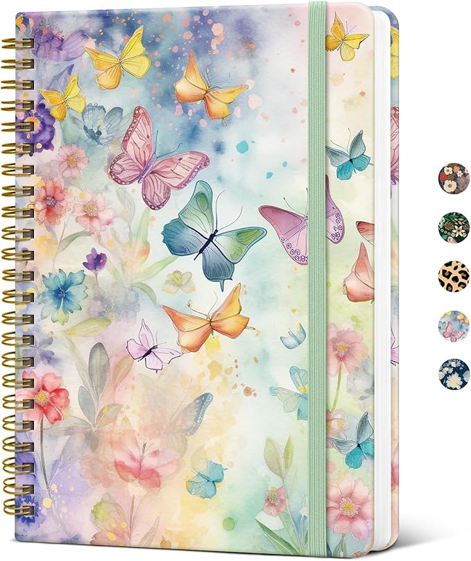 Pretty Cute Lined Spiral Journal Notebook for Women, Aesthetic College Ruled Notebook for Work & Note Taking, A5 Hardcover Journal for Writing, 140 Pages, Colorful Butterfly