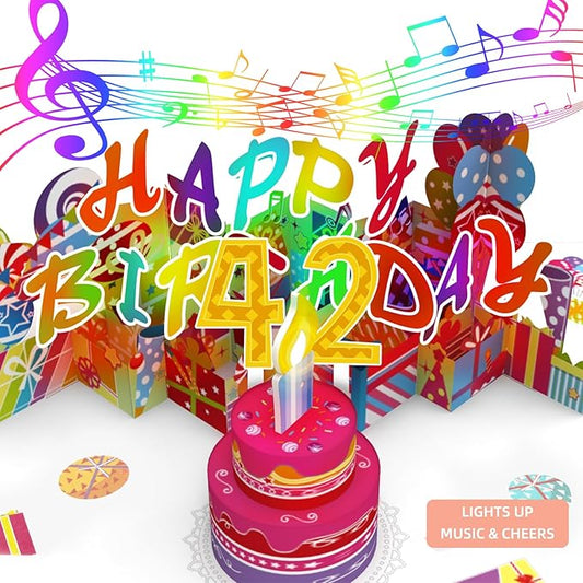 Gumry 42ND Musical Birthday PopUp Card, Blowable Colorful Light Candle 3D Cards with Song, Applause Cheers Sound, Greeting Cards Birthday Gifts Decorations for Women Men Turning 42 Years Old