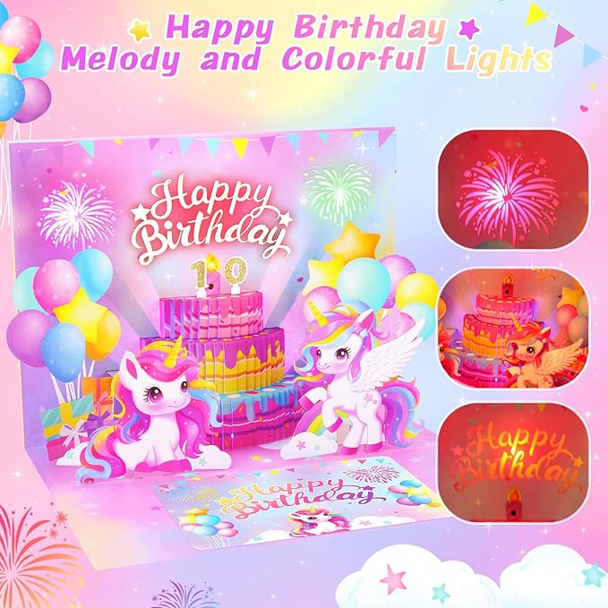 Pop Up Birthday Card with Light & Music, Unicorn 3D Birthday Card, Fireworks Birthday Card for Women Kids Girls Daughter, 3D Cake Greeting Crad with Blowable Candle Sticker DIY Numbers