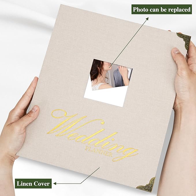 Vienrose Wedding Planner Book Set for the Bride, Gold Foil 'Wedding Planner' Linen Cover with Window Wedding Binder Includes Multiple Accessories Engagement Gifts for Women Wedding Planning Book