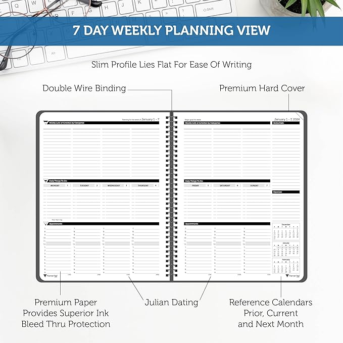 Planner Pad Spiral Bound 3-Tier Funnel Down 12 Month Organizer, Calendar Year (January-December 2024), Black Cover/Black Ink, 8 1/2" x 11"