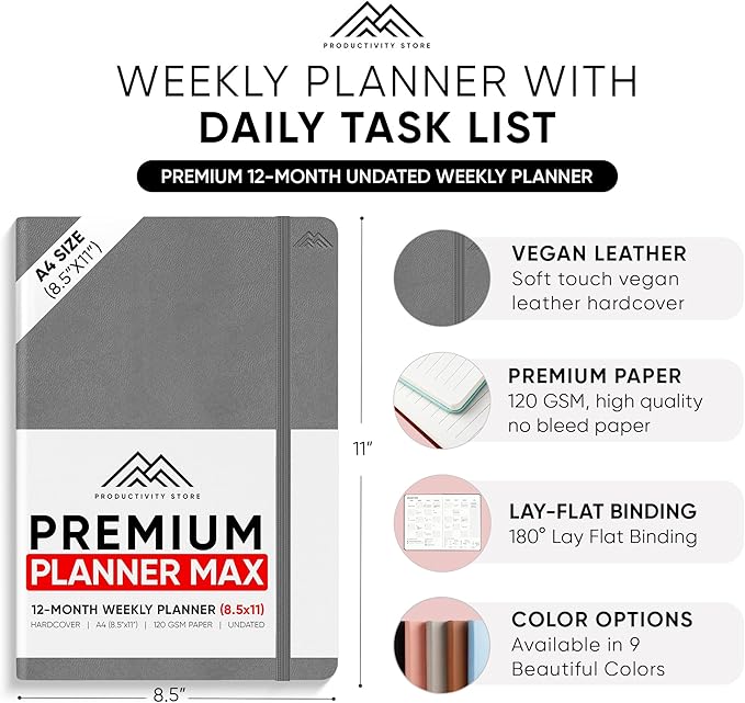 PRODUCTIVITY STORE Pro Max - Undated, 2025 Planner, 8.5" x 11" - The #1 Productivity Planner to Achieve Your 2025 Goals - Planner 2025-2026 - Grey - A4