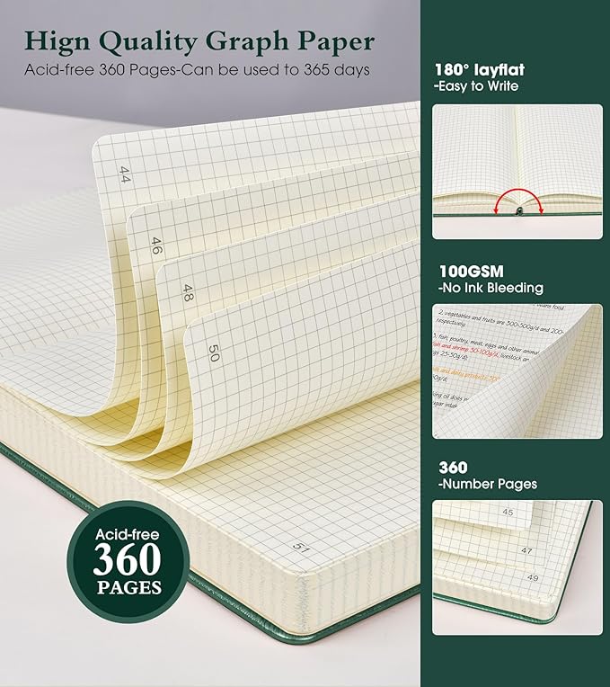 Graph Paper Notebook Journal, 360 Numbered Pages Grid Notebooks, Thick 100gsm Graphing Paper Notebook Journals for Women Men, B5 Large Hardcover Leather Graph Journals for Writing 7.6'' X 10'' Green