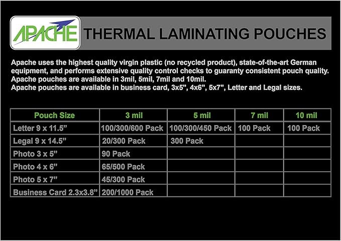 Apache Laminating Pouches 3 mil, for 8.5 x 11 inch Letter Size Paper 9 x 11.5 inch Sheets, 300 Pack