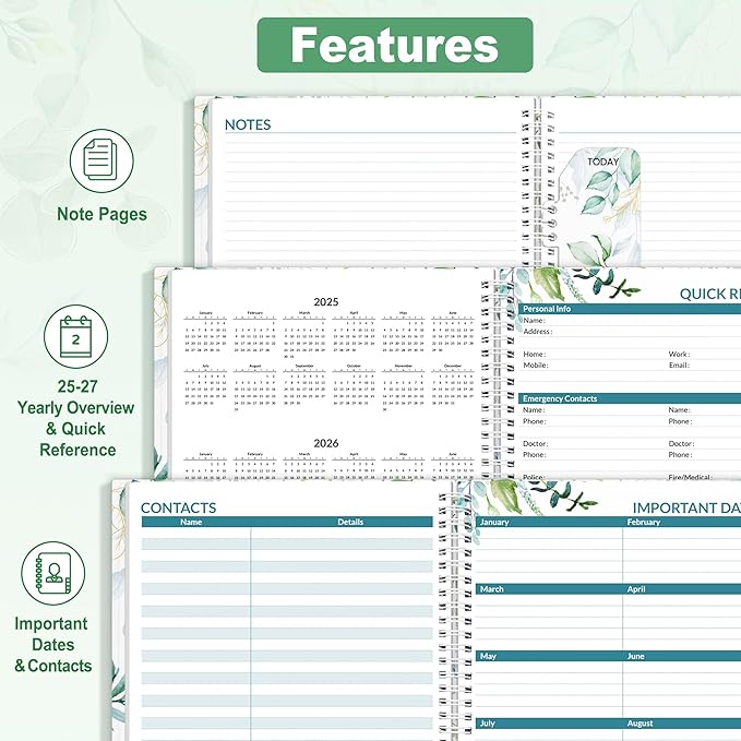 SUNEE 2025 Weekly and Monthly Planner - from January 2025 - December 2025, 6.4" x 8.3" Daily Agenda Planner with Monthly Tab, Flexible Cover, Note Pages, Pockets, Bookmark, Spiral Binding, Eucalyptus