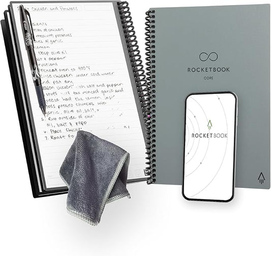 Rocketbook New Core Reusable Spiral Notebook, Executive Size 6x8.8, Gray - Lined Pages, App-Connected, Erasable, Durable Cover, Ideal for School, Work, and Creative Projects (Pack of 1)