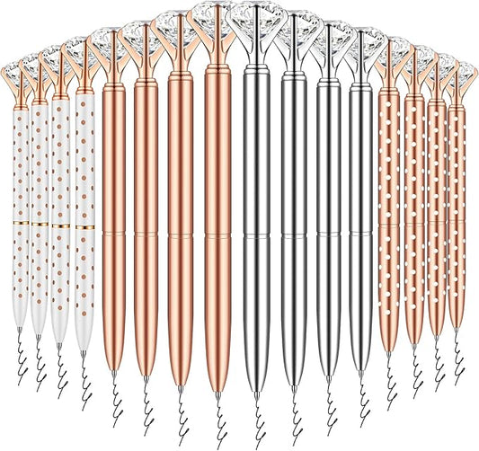 PASISIBICK 16 Pcs Big Diamond Pens-Bling Wedding Crystal Metal Ballpoint Pens with Black Ink (4 Mixed Colors)