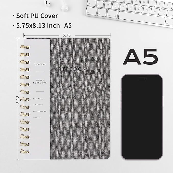 Spiral Notebook-6.10" x 8.19" Journal with Back Pockets and 192 Lined Pages,PU Leather Cover Business Journal, Twin-Wire Binding Notebook Perfect for Office & Home School Supplies