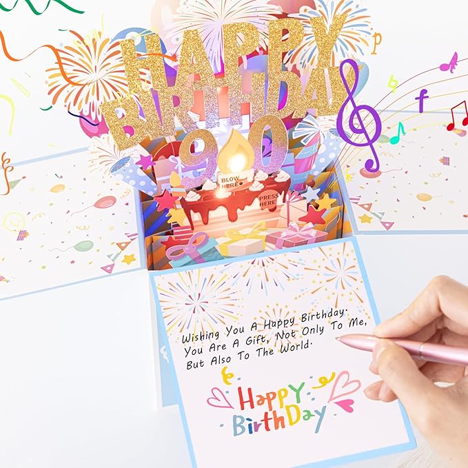 Tnvee 90TH Birthday Cards with Lights & Music & Candle, 3D Large Pop Up Happy Birthday Cards for Women Man Greeting Cards Decorations for 90 Years Old Mom Dad Grandparents