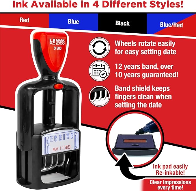 Self-Inking Rubber Date Office Stamp with Approved Phrase - Black Ink - 12-Year Band