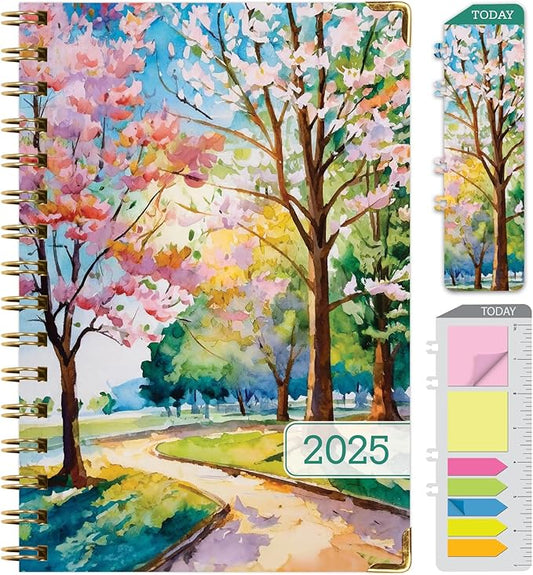 HARDCOVER 2025 Planner, 5.5"x8": 14 Months (November 2024 - December 2025), Daily Weekly Monthly Planner, Yearly Agenda, Bookmark, Pocket Folder and Sticky Note Set (Watercolor Tree)