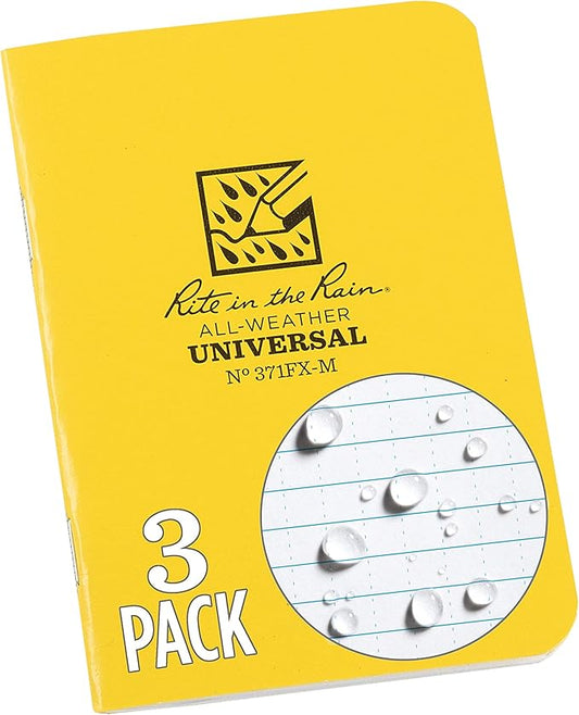 Rite In The Rain All-Weather Mini-Stapled Notebook, 3 1/4" x 4 5/8", Yellow Cover, Universal Pattern, 3 Pack (No. 371FX-M), 4.625 x 3.5 x 0.125