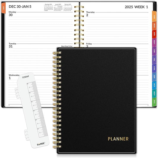 SUNEE 2025 Weekly and Monthly Planner - from January 2025 - December 2025, 6.4" x 8.3" Daily Agenda Planner with Monthly Tab, Flexible Cover, Note Pages, Pockets, Bookmark, Spiral Binding, Black