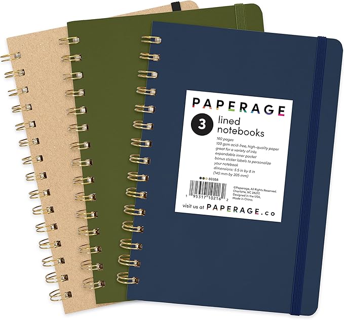 PAPERAGE Lined Spiral Journal Notebook, (Navy, Olive Green, Kraft), 3 Pack, 160 Pages, Medium 5.5 inches x 8 inches - 100 GSM Thick Paper, Hardcover, Double-Wire Spiral Journal & Notebook